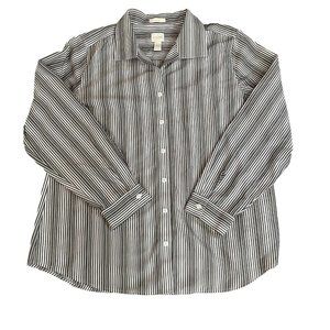 Chico's Button Up Blouse No Iron Gray White Striped Metallic Gold Size 2.5 L 14